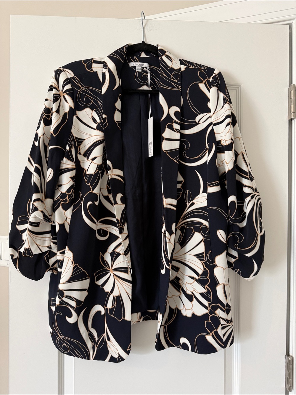 Chico's Navy Blazer with Cream Floral Print